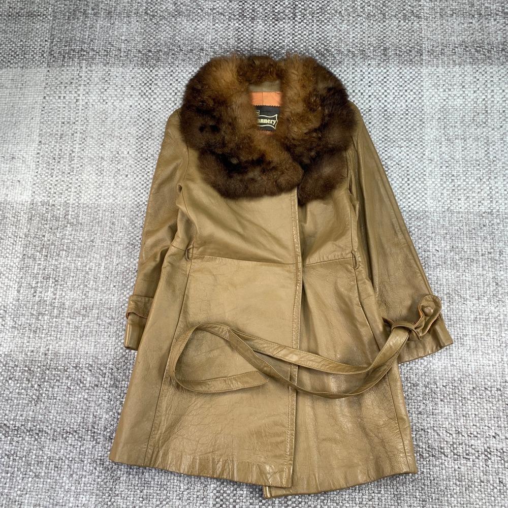 Vintage Montgomery Ward The Tannery Leather Fur Collar Trench Coat Tan Brown